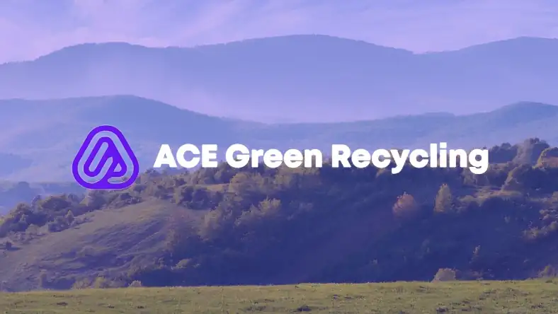 White ACE Green Recycling wordmark with a purple geometric icon over a soft foggy mountain landscape
