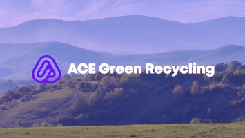 White ACE Green Recycling wordmark with a purple geometric icon over a soft foggy mountain landscape